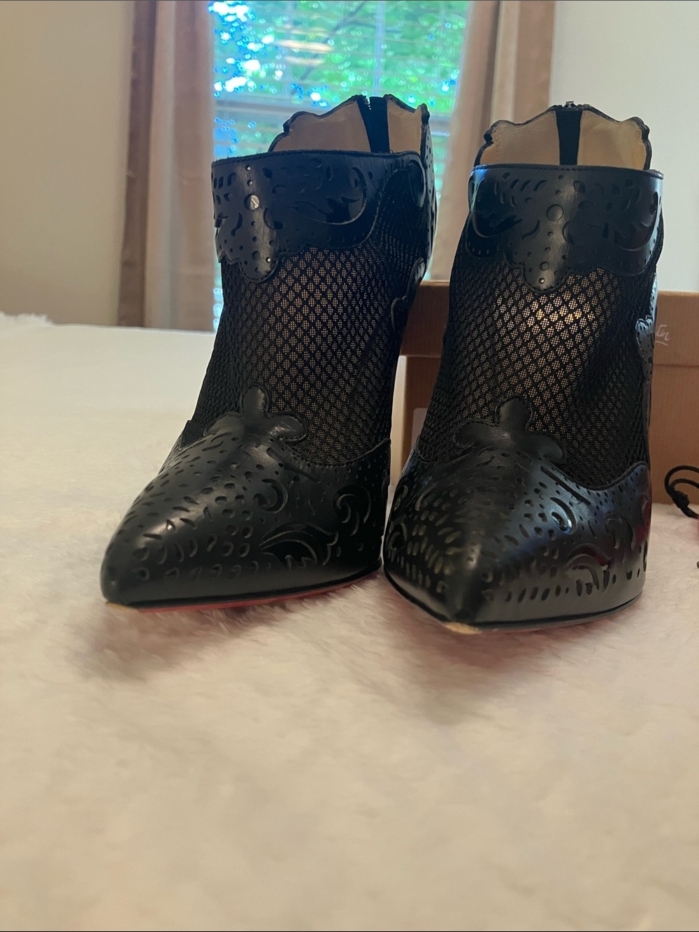 Christian Louboutin Black Laser-Cut Peep-Toe Stiletto Booties with Red Sole - Picture 7 of 10